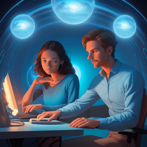 AI generated: CREATE an image of a MAN AND WOMAN SITTING AND WORKING ON A COMPUTER, in the style of visionary othe...