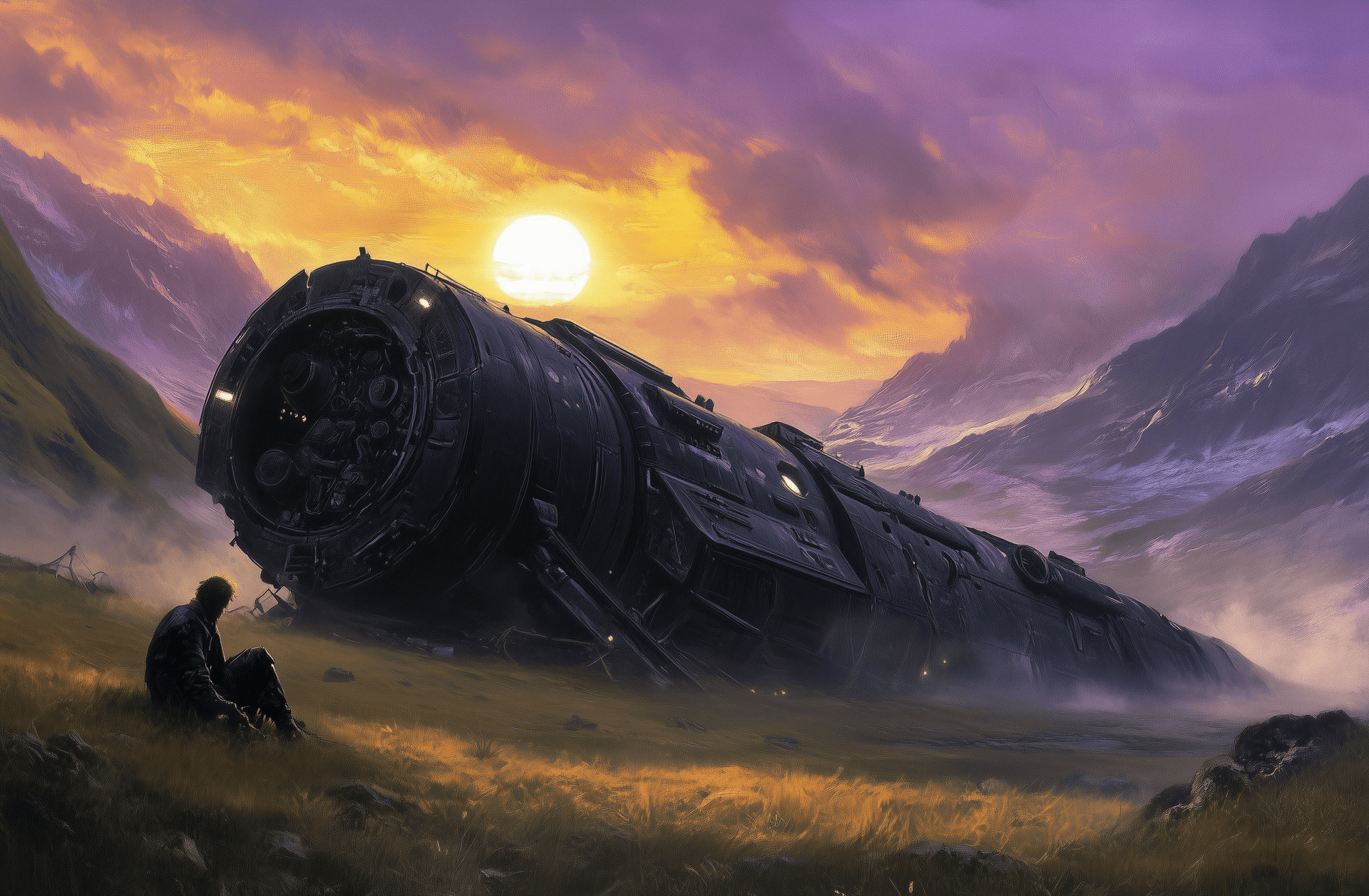 AI generated: A massive black metal spaceship lies on its side in the valley, with mountains and fields behind it....