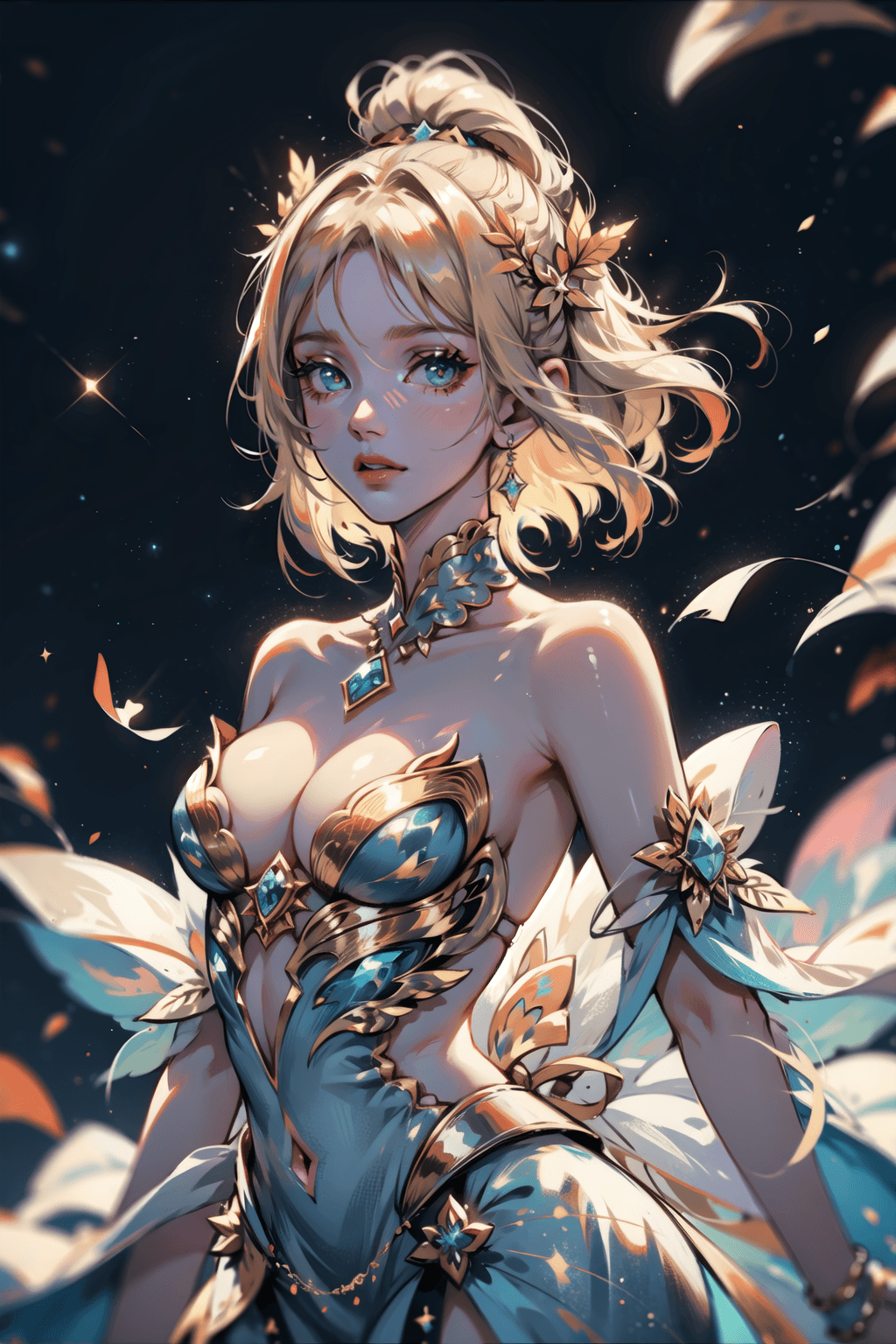 AI generated: a beautiful girl, showcasing delicate figure and graceful curves, ethereal, celestial, galaxy, stars...