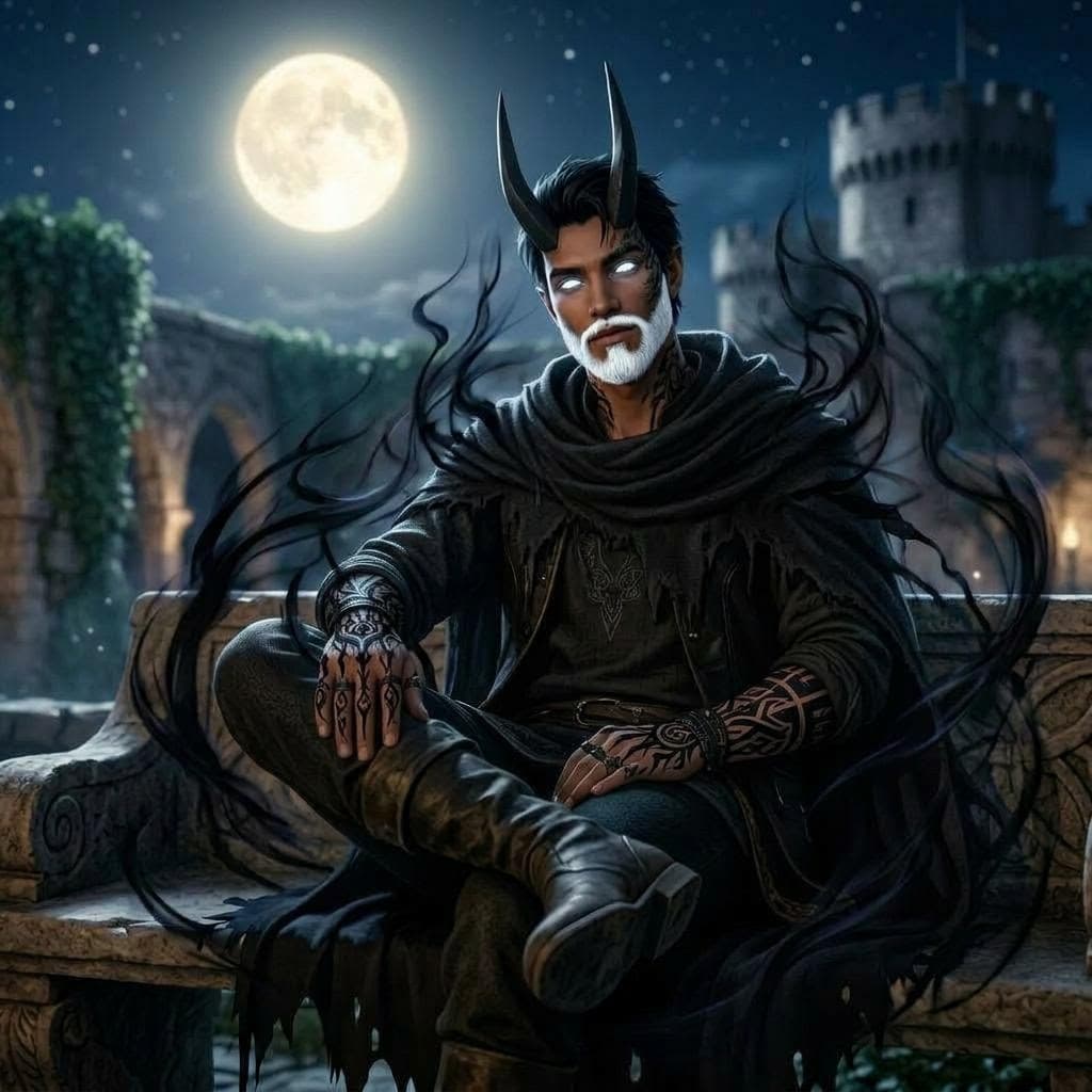 AI generated: While keeping his relaxed vibe give him black cloak and dark energy flowing around him and black tat...
