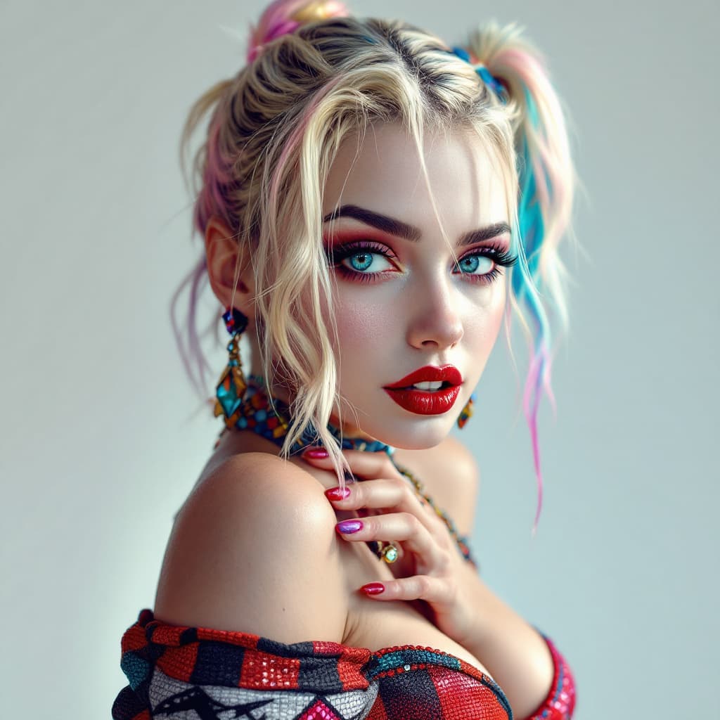 AI generated: A stunning masterpiece showcasing a Harley Quinn portrayal, radiating charm and mischief. She is wea...