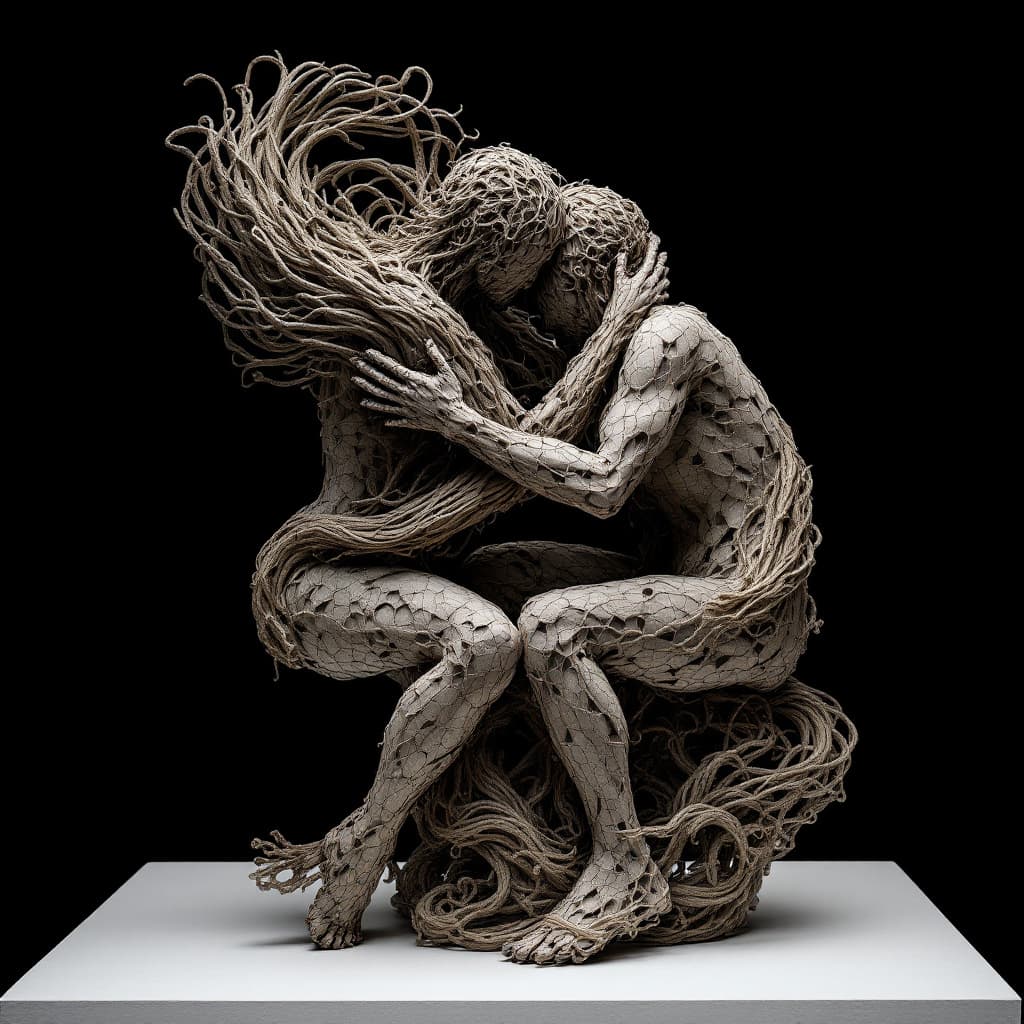 AI generated: Sculpture intertwined représents two diffèrent culture réconciliation
