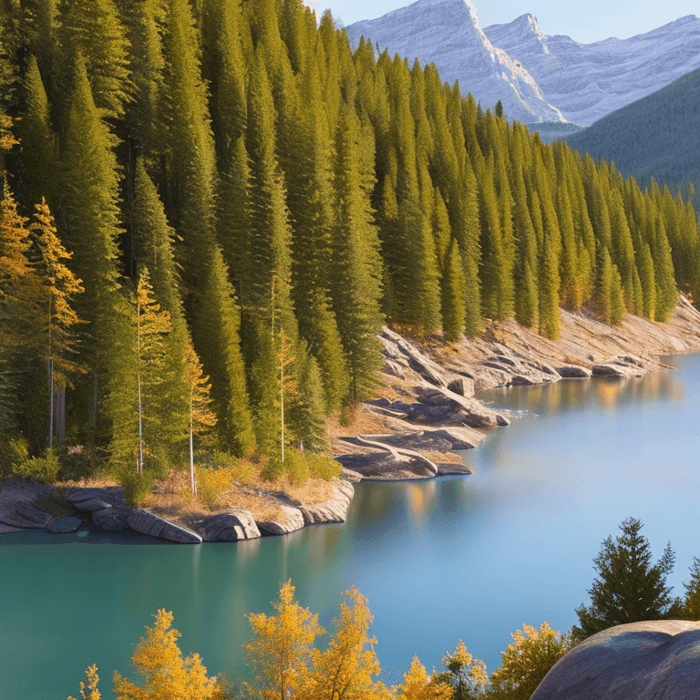 AI generated: photorealistic oil on canvas, 
hill, river, pine tree,
beautiful setting, fall,
Foreground,
unreal e...