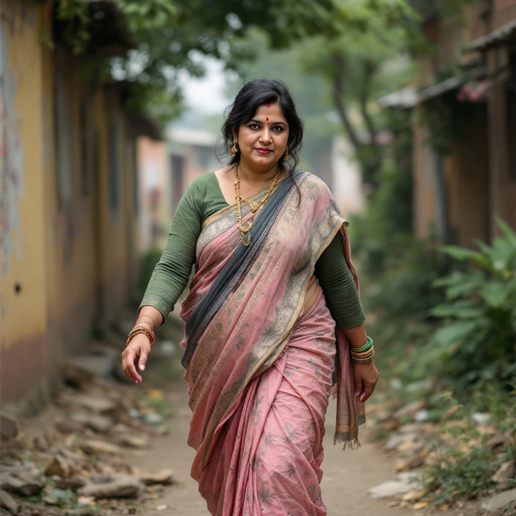 AI generated: Pakistani villager chubby mature woman, huge chest, deep cleavage, walking 