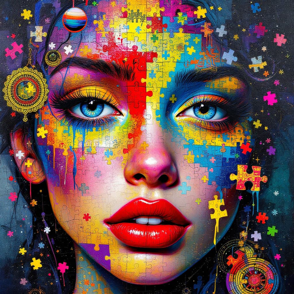 AI generated: 
A painting with several colors in her beautiful mixed eclectic face, in the style of lush and detai...