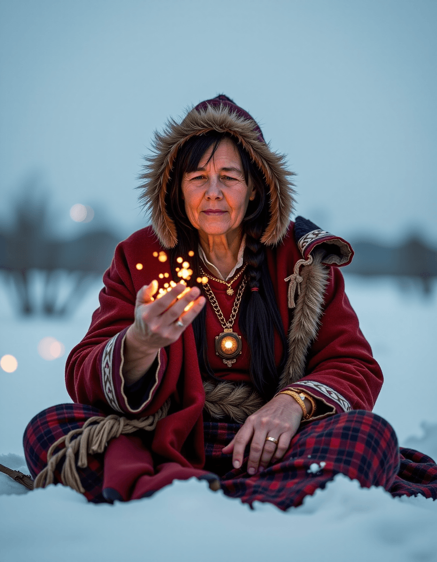 AI generated: "A matriarch of a nomadic Siberian tribe releasing captured fireflies as a ritual of memory, dreamy ...