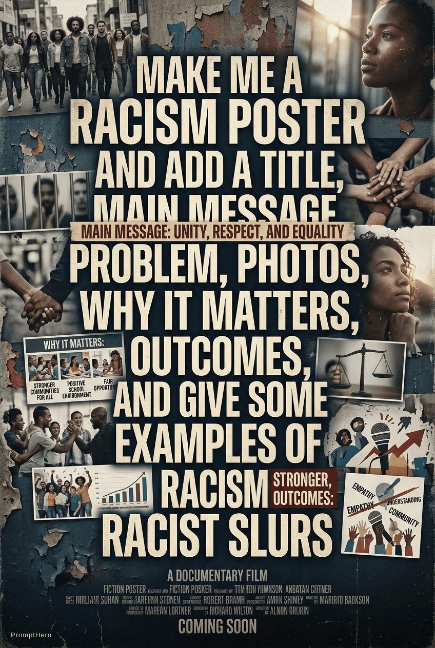 AI generated: make me a racism poster and add a title,main message,problem,photos,why it matters, outcomes,and giv...