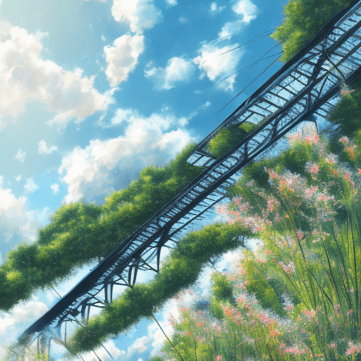 AI generated: overhead shot A rail track, flower plants, grasses, blue sky, dynamic white clouds, sunny, magnifice...