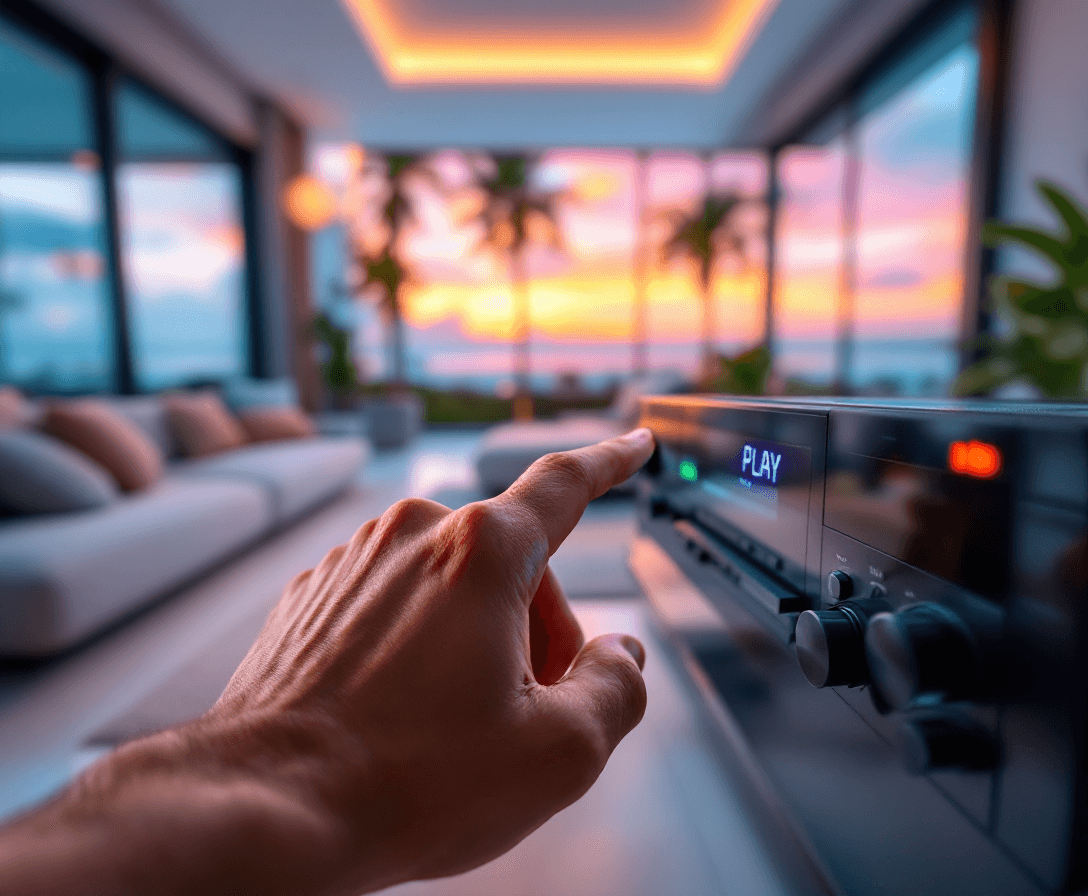 AI generated: POV, the hand of a man pressing the PLAY button on a SONY CD player, in the living room of a modern ...