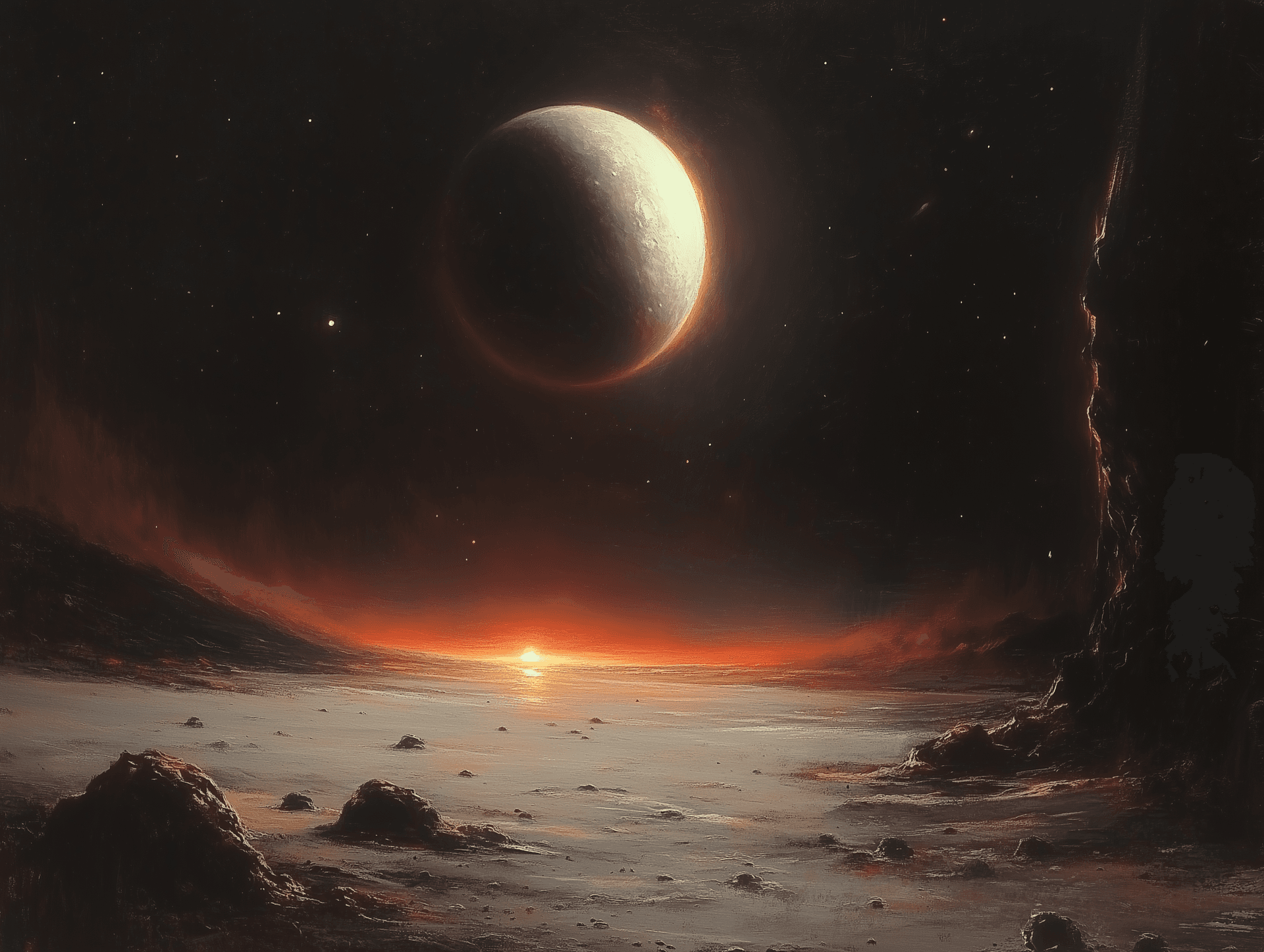AI generated: a gas giant planet, an asteroid belt in the sky, a black hole on one side of its horizon, by Roger D...