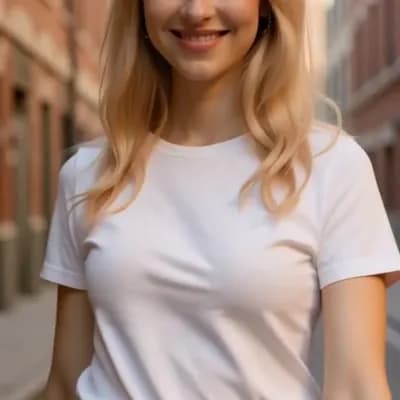 AI generated video: She smiles slowly, then turns and walks away. A close-up of her face, as the camera focuses on her l...