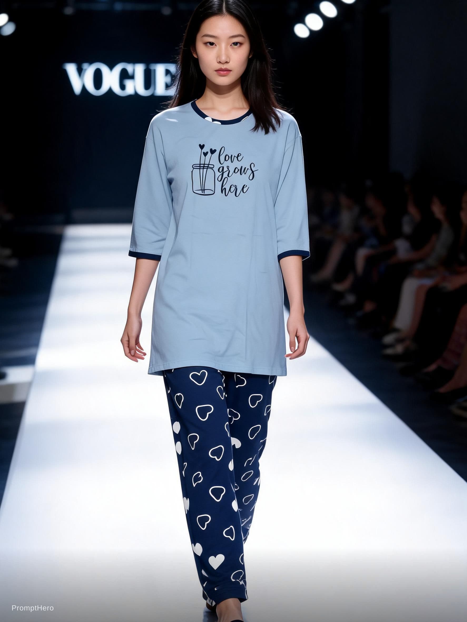 AI generated: Vogue Runway, full body portrait of an Asian female, wearing a long top with 3/4 sleeves and lower. ...