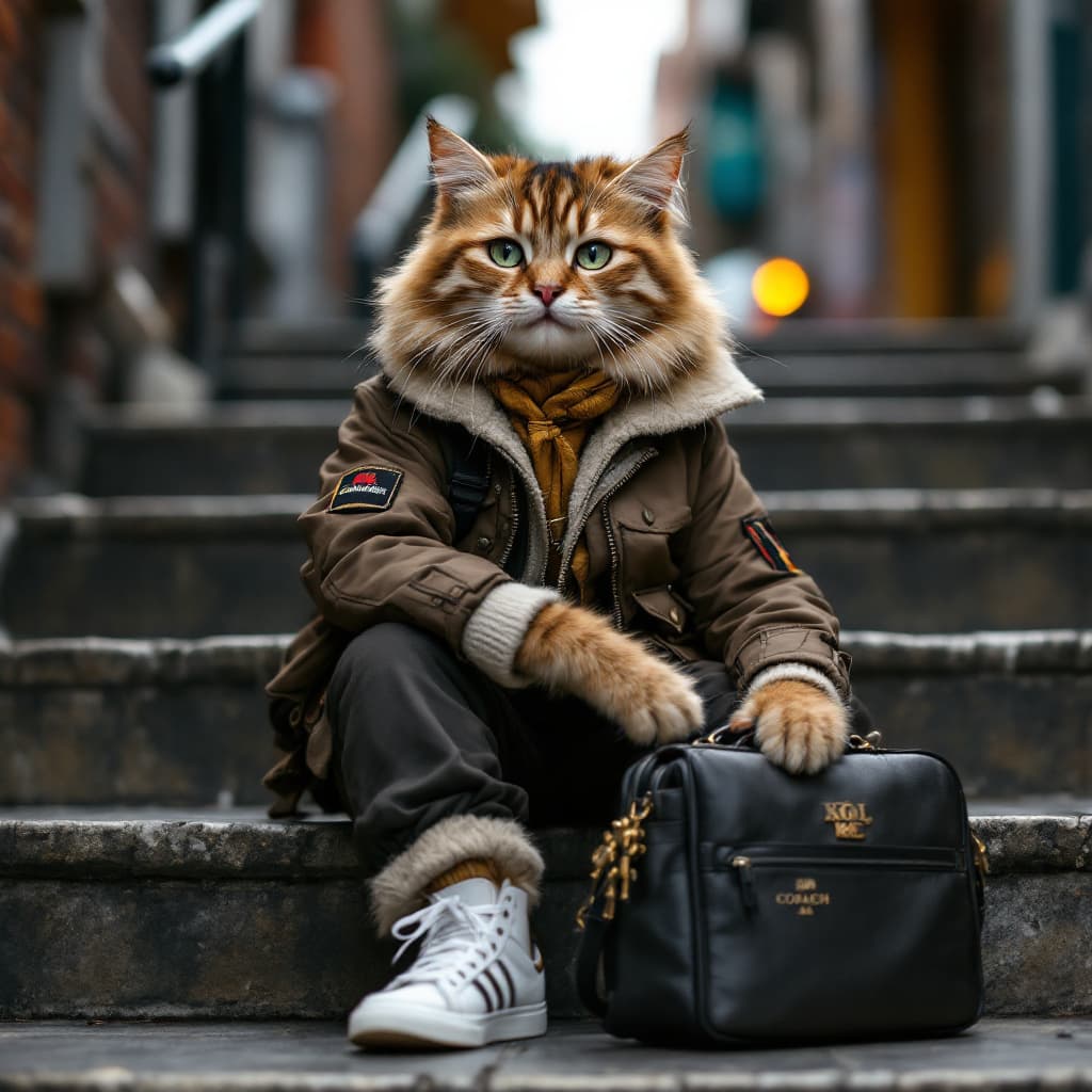 AI generated: anthropomorphic, a cat named ”street style KOL kitty” wearing dark brown flight jacket, and white sn...