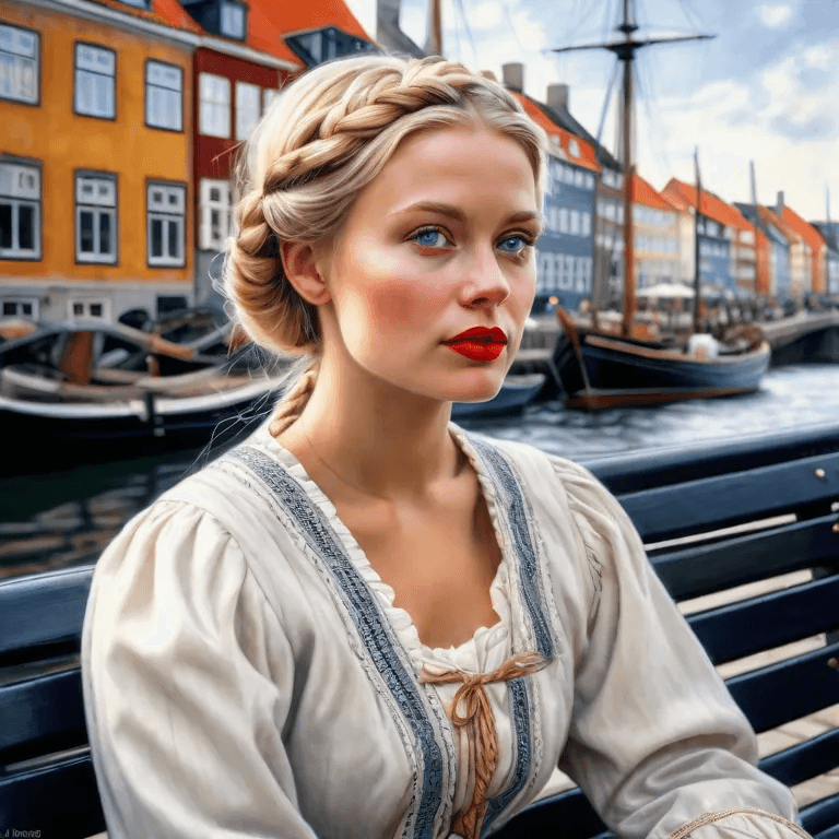 AI generated: Danish girl in traditional dress in Nyhavn, Copenhagen.