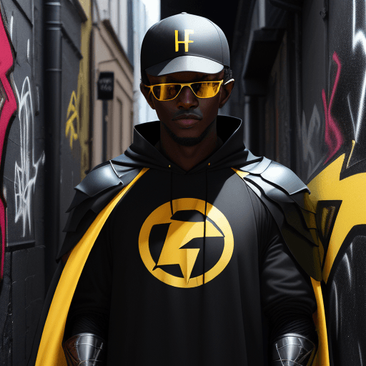 AI generated: A blackman, with a black baseball cap backwards,red sunglasses, in a black metallic dark knight armo...