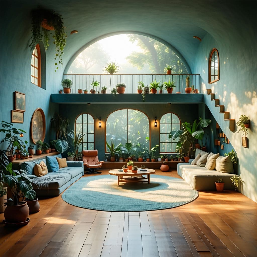 AI generated: High resolution photography interior design, dreamy sunken living room conversation pit, wooden floo...