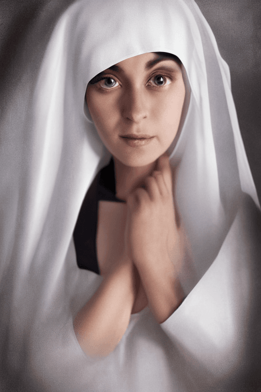 AI generated: female dressed as nun, (full body visible), looking at viewer, portrait, photography, detailed skin,...