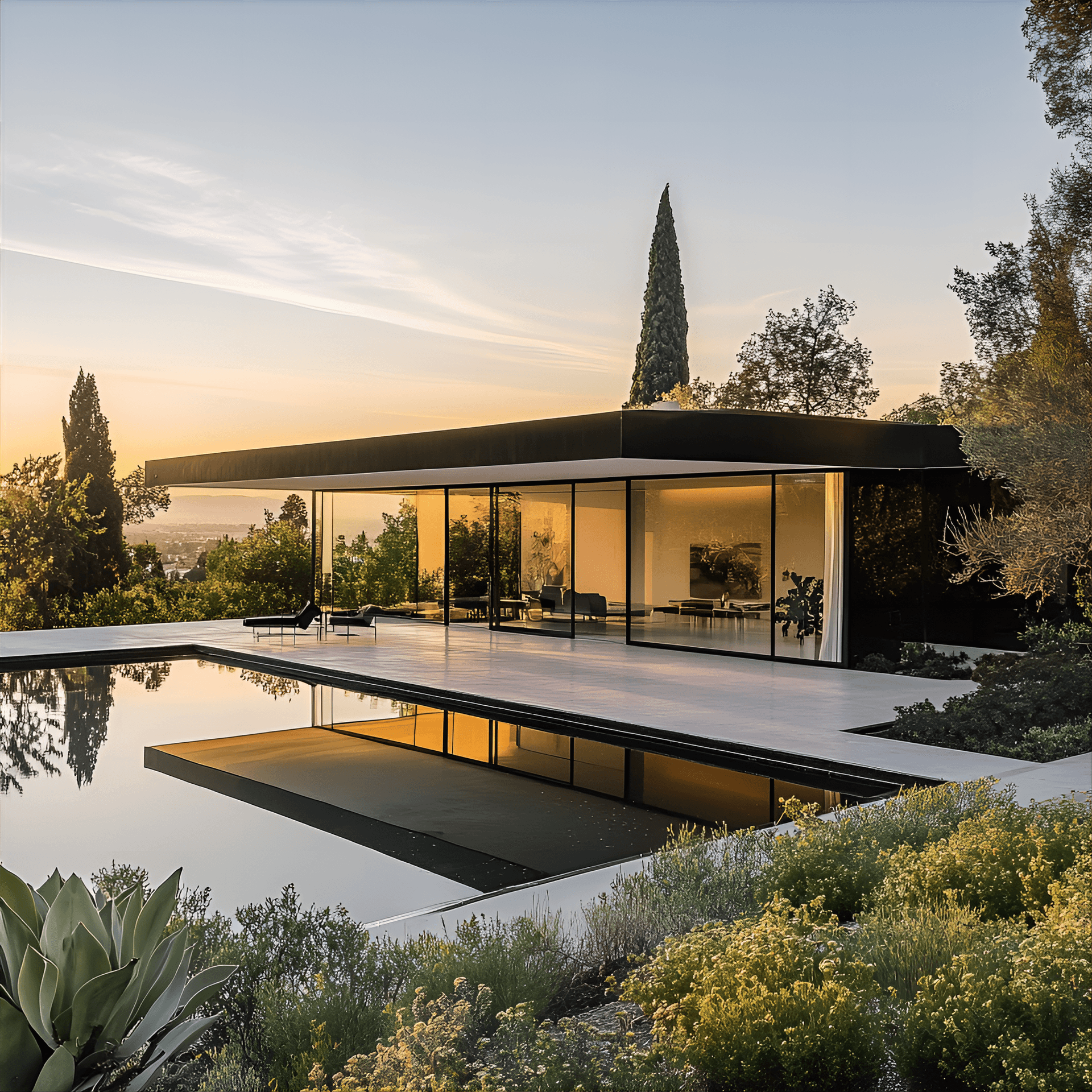AI generated: mid-century modern mansion inspired by the elegance of a ballet dancer, with fluid lines, glass
fac...