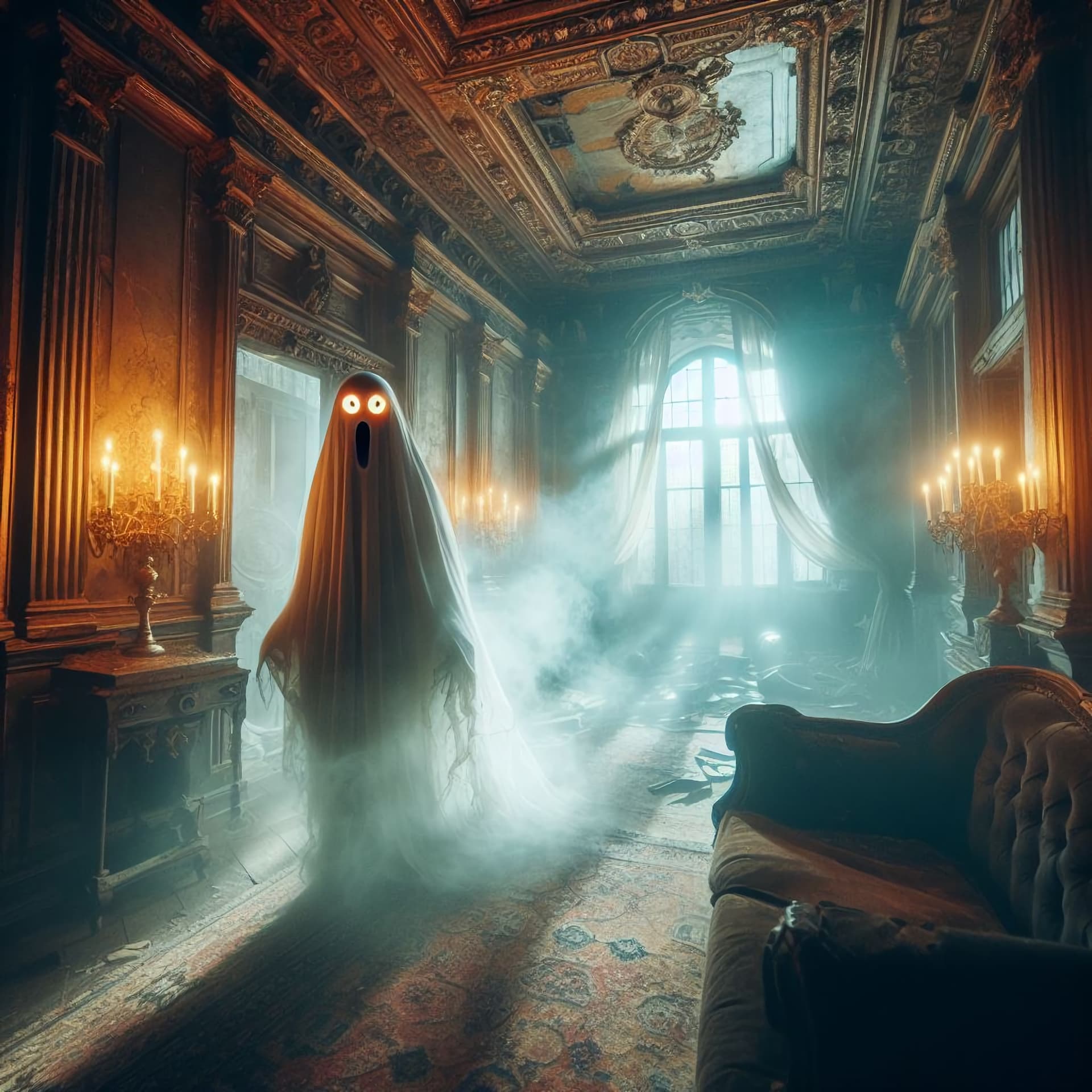AI generated: A ghost in an old mansion.creep,dynamic lights, glow,misty,red eyes ,by Guillermo del Toro, high det...