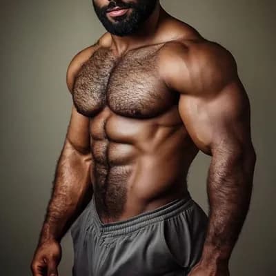 AI generated video: A muscular black man turns towards the camera and smiles