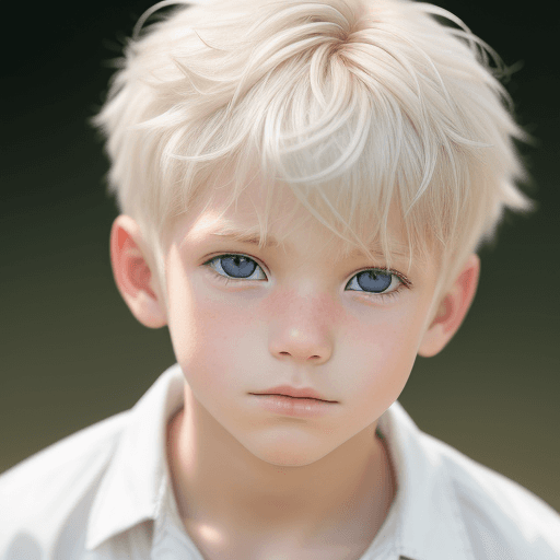 AI generated: photo featuring a boy model, blondy color hair, 300mm f/5. 8, light silver and white, optical, soft-...