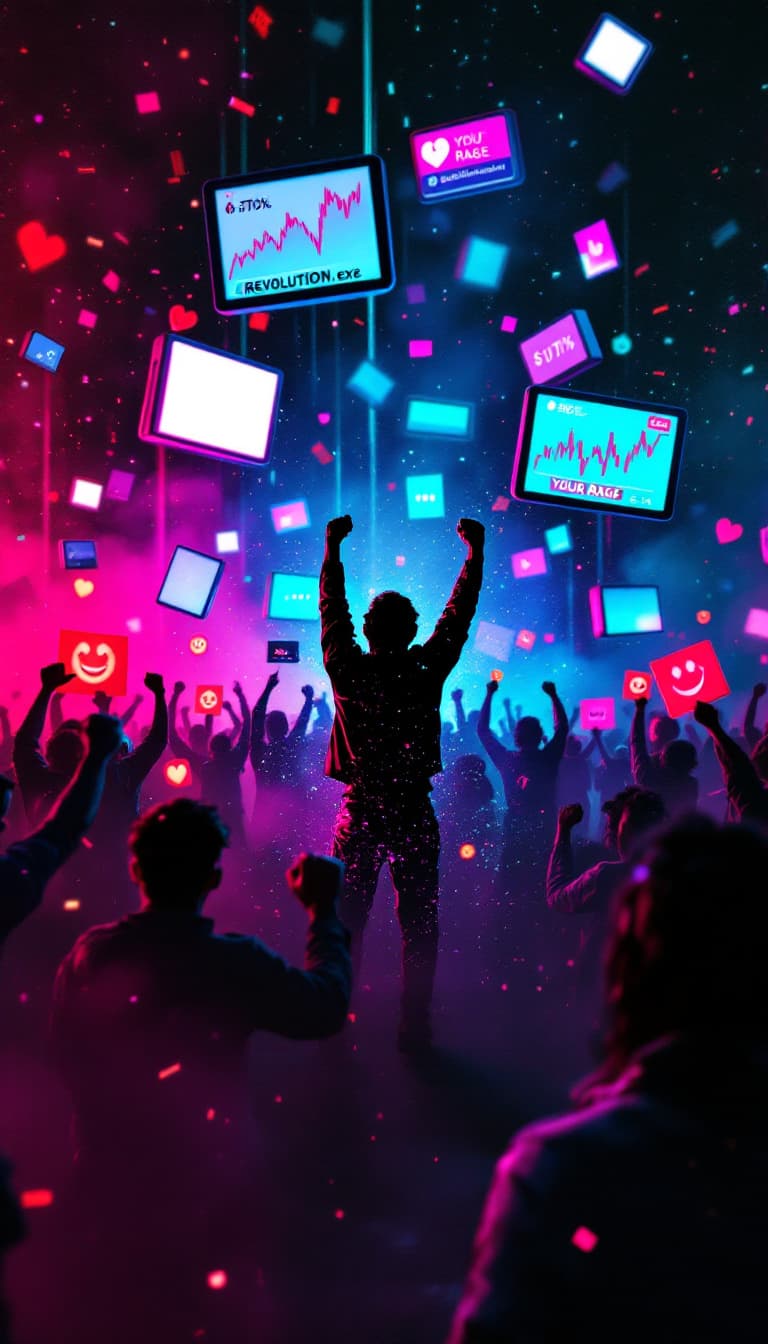 AI generated: A digital void with floating glitching screens. A silhouette’s TikTok dance morphs into protestors r...