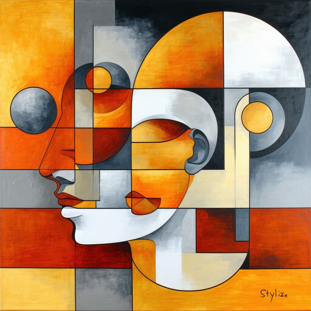AI generated: abstract realism painting in orange and grey with modern brush techniques, in the style of Picasso, ...