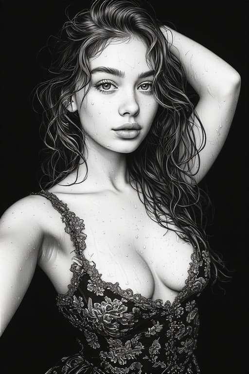 AI generated: A high-resolution black and white portrait of a young woman with wet, wavy hair, gazing directly at ...