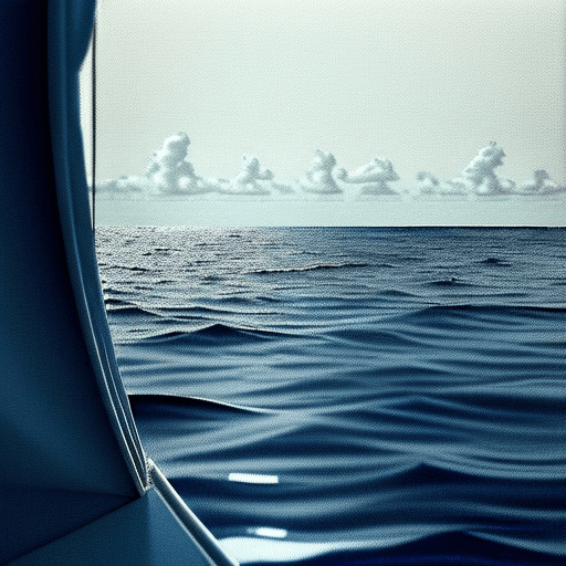 AI generated: view from the water surface, in an empty calm ocean, a distant horizon, and hazy sky (with no Sun). ...