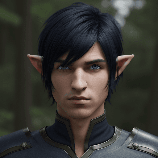 AI generated: Realistic image of  a male Elf with dark navy colored skin. Black hair in a Emo type haircut with ba...