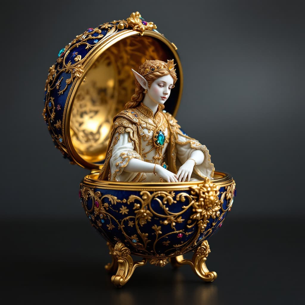 AI generated: An elegant Fabergé Egg opened, containing a golden elf figurine, in Renaissance style, adorned with ...