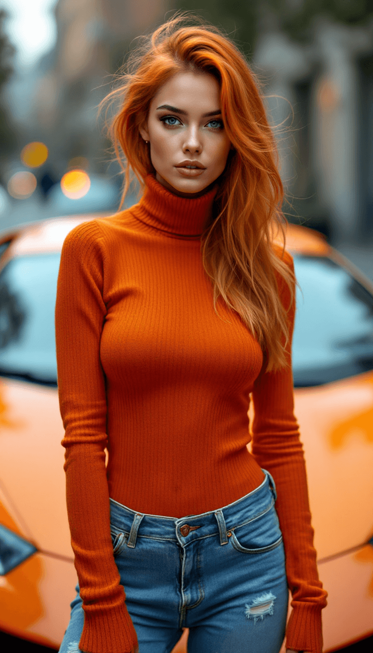 AI generated: A female,gorgeous, orange hair,   orange turtleneck, blue jean,orange car lamborghini in background,...
