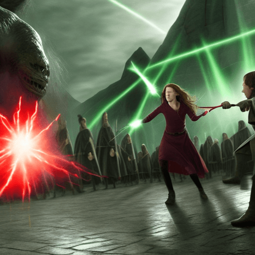 AI generated: Hermione fighting Voldemort in the Battle of Hogwarts. Red light flashing from wand of Hermione and ...