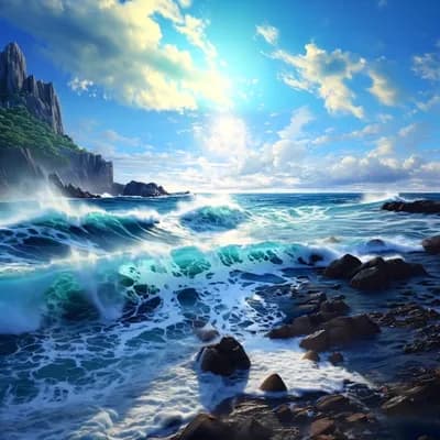 AI generated video: Waves batter a shoreline as clouds move across the sky