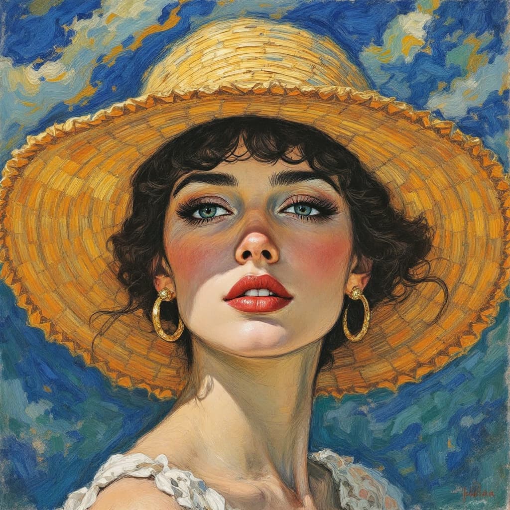 AI generated: Portrait of a woman wearing a beautiful straw hat, Art Nouveau, Neo-Impressionism, Charcoal illustra...