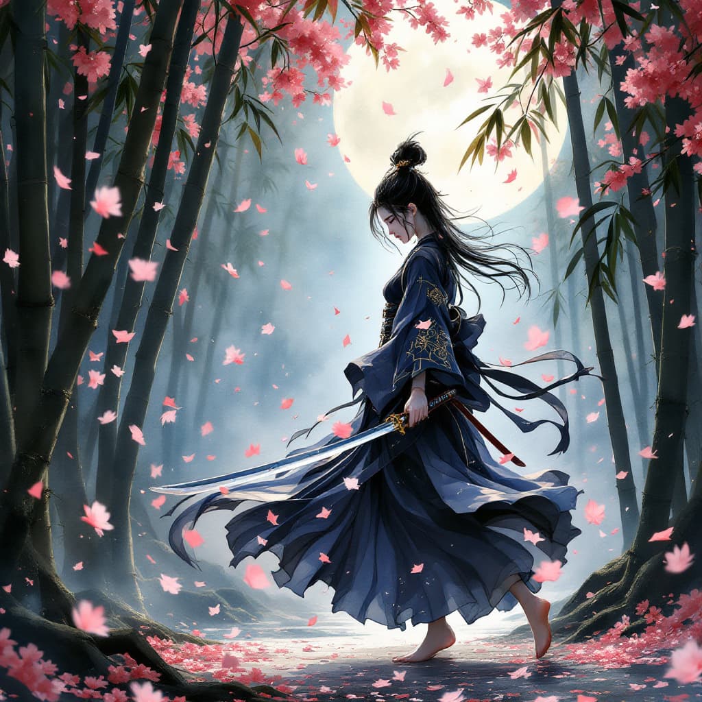 AI generated: Full body view of a Elegant female samurai in traditional armour and kimono, barefoot, wielding a ka...