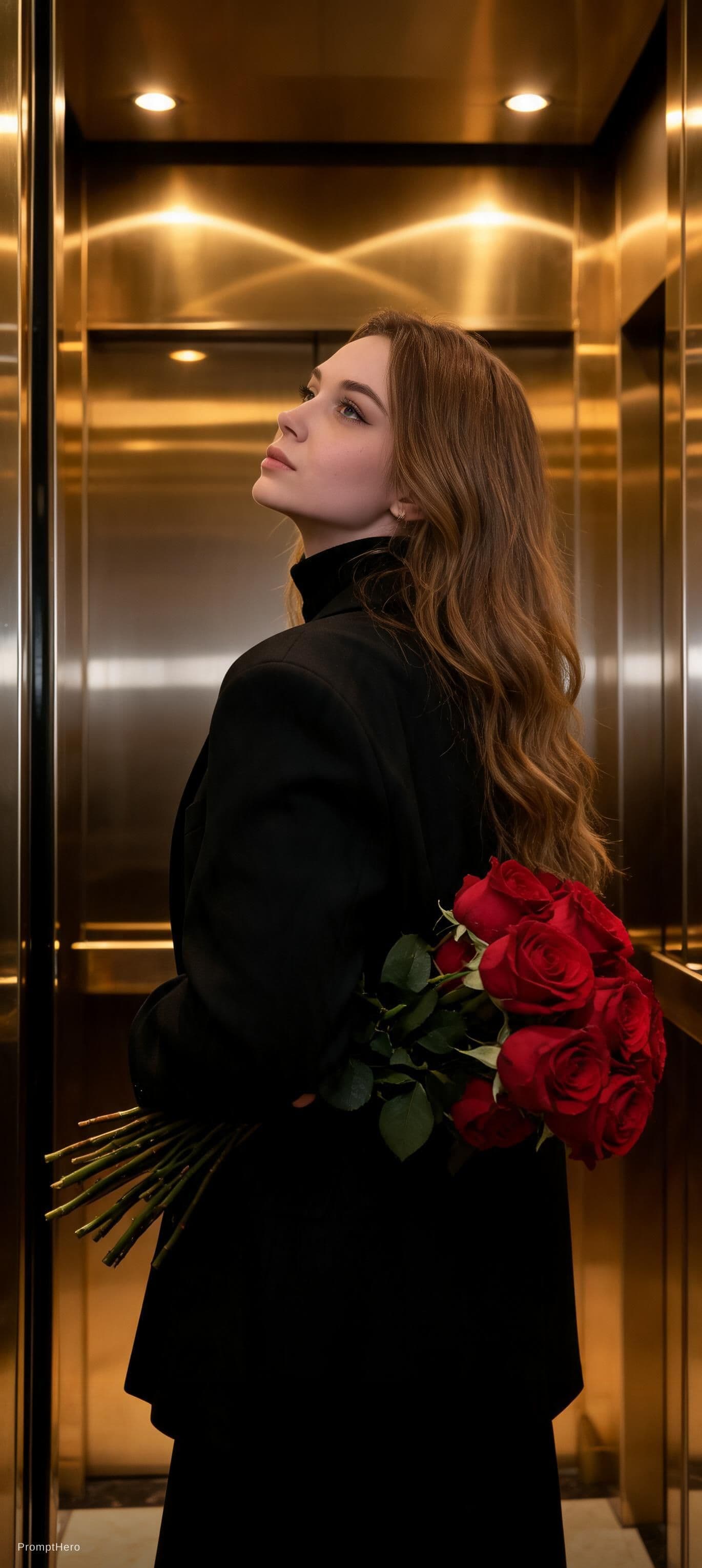AI generated: Create a cinematic luxury portrait of a woman inside a premium golden elevator holding a bouquet of ...