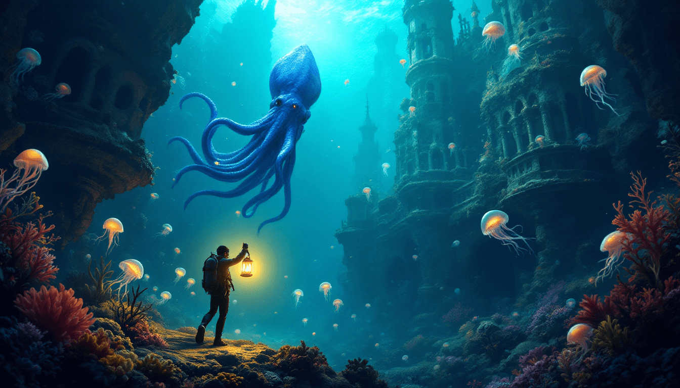 AI generated: An underwater scene where a lone diver explores a sunken city teeming with aquatic life. The city is...