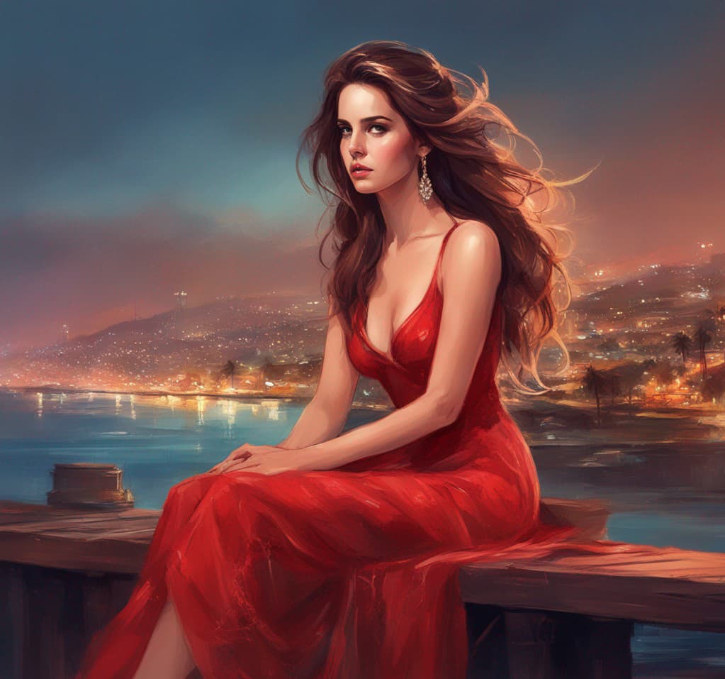 AI generated: Fantasy Art, Lana Del Rey, sitting on a dock at nighttime, wearing a red halter dress, overlooking t...