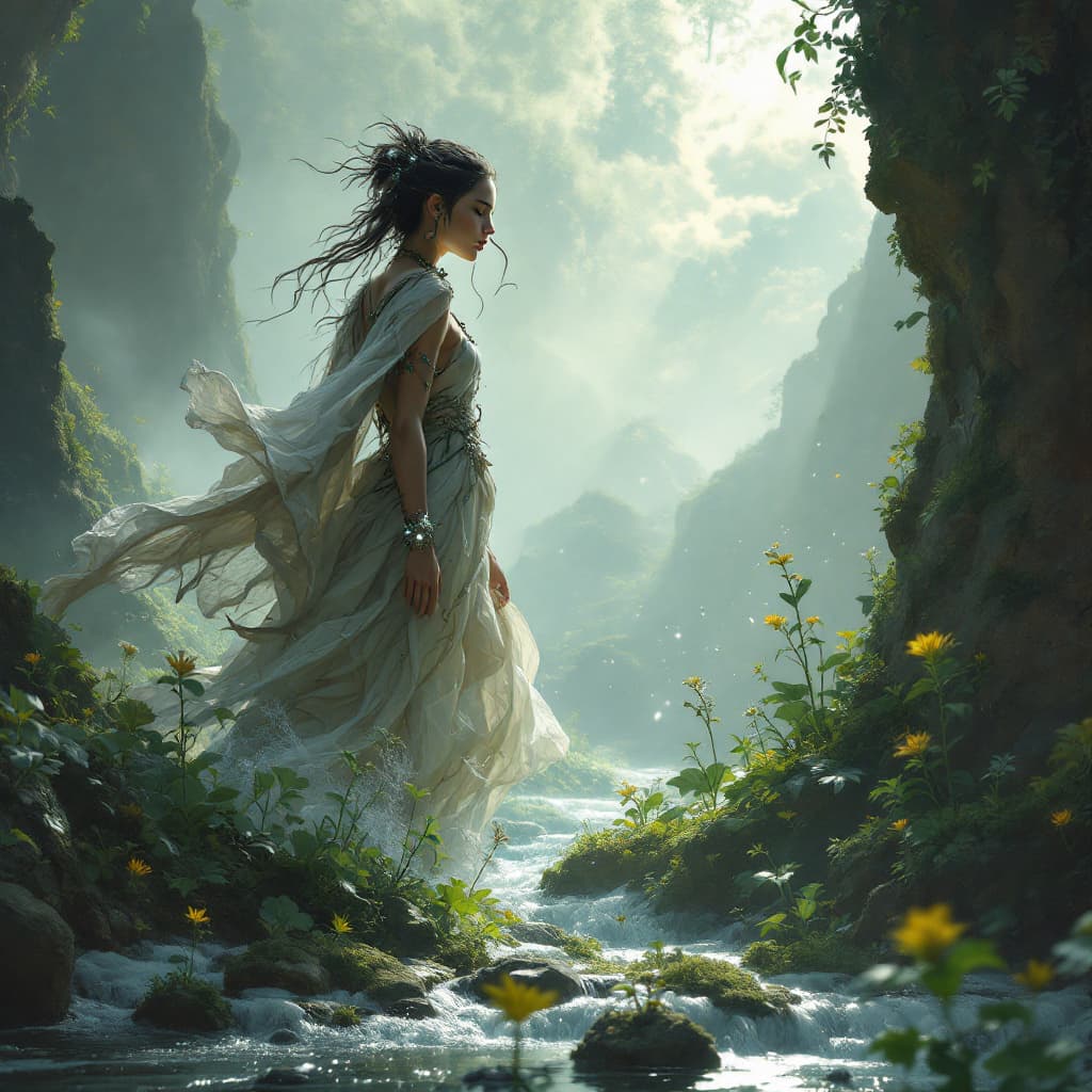 AI generated: A solitary elemental guide, wearing clothing crafted from natural materials that shift and adapt to ...