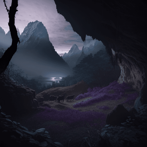 AI generated: ultra realistic realistic photo looking out the mouth of a cave that has vines and roots hanging fro...
