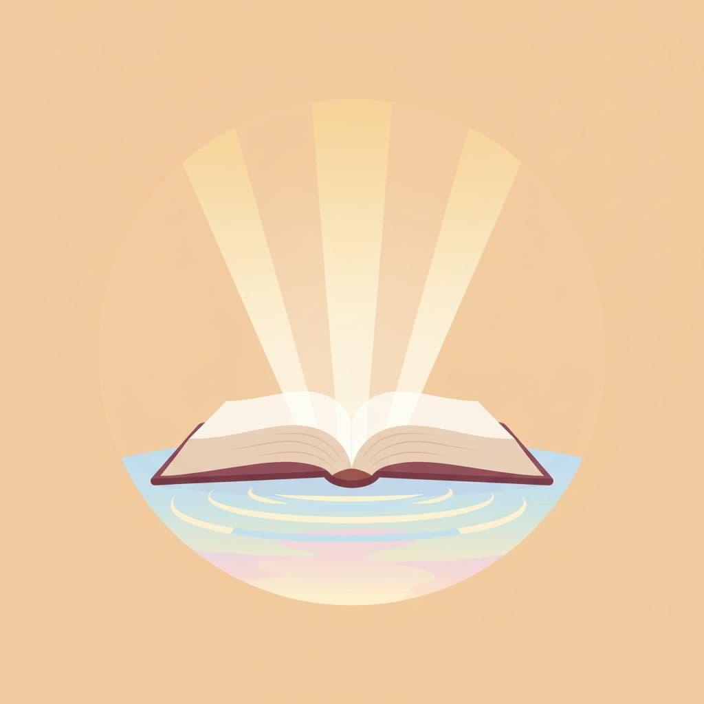 AI generated: “Minimalist flat illustration of an open book with soft rays of light and subtle water ripple reflec...