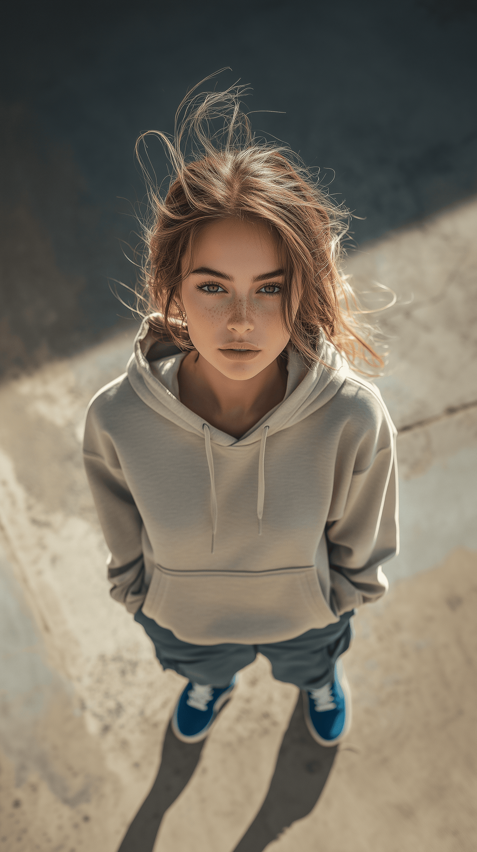 AI generated: photography, top view, full-body, female model, neat hair style, standing on street, wearing a over-...