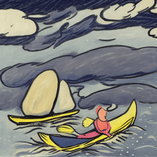 AI generated: Tove Jansson style : : storm, rocks, night, black cat in a kayak : : --hd