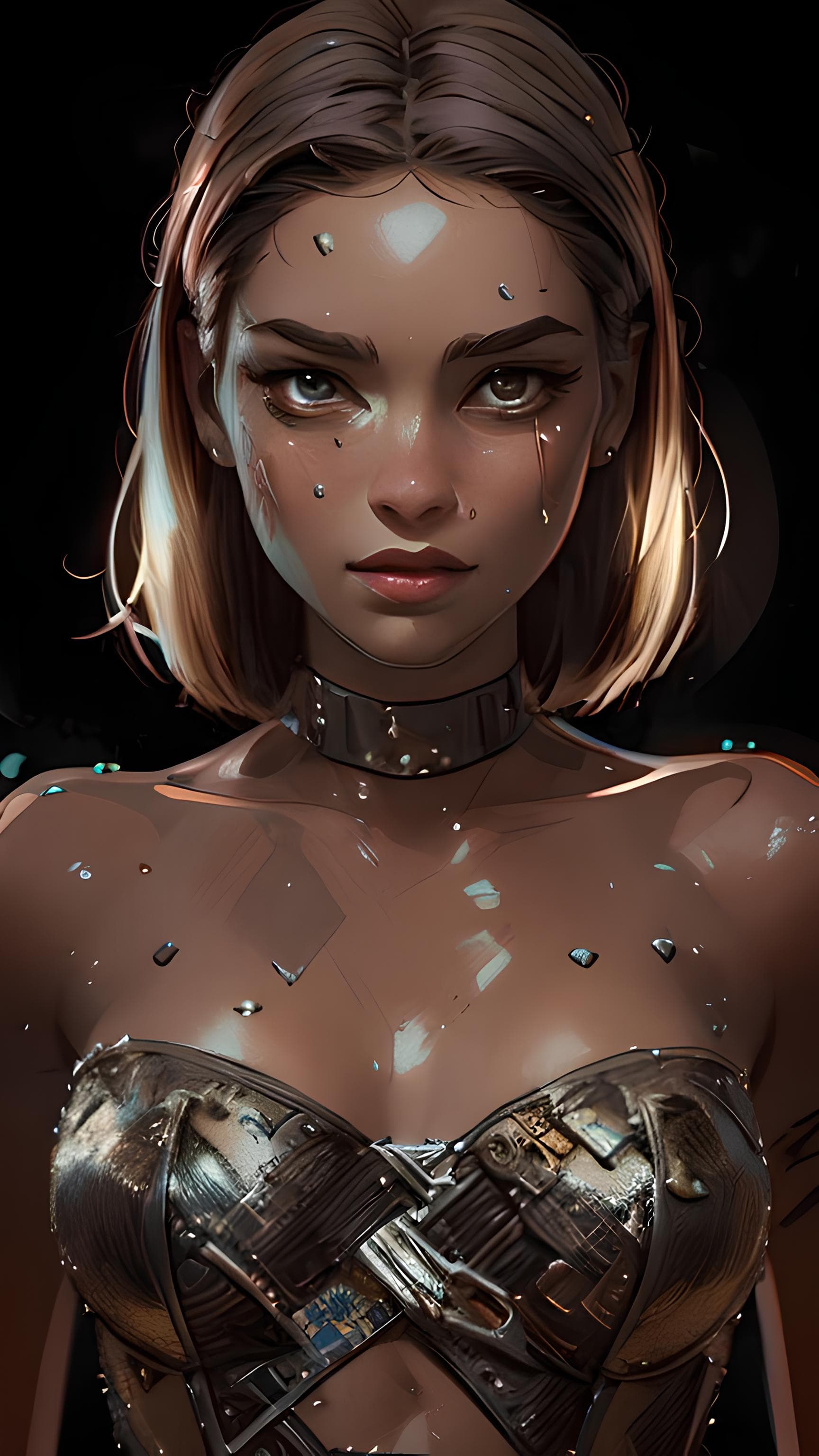 AI generated: a digital painting of a woman in a corset, by Ross Tran, detailed portrait of a cyborg, alexey egoro...