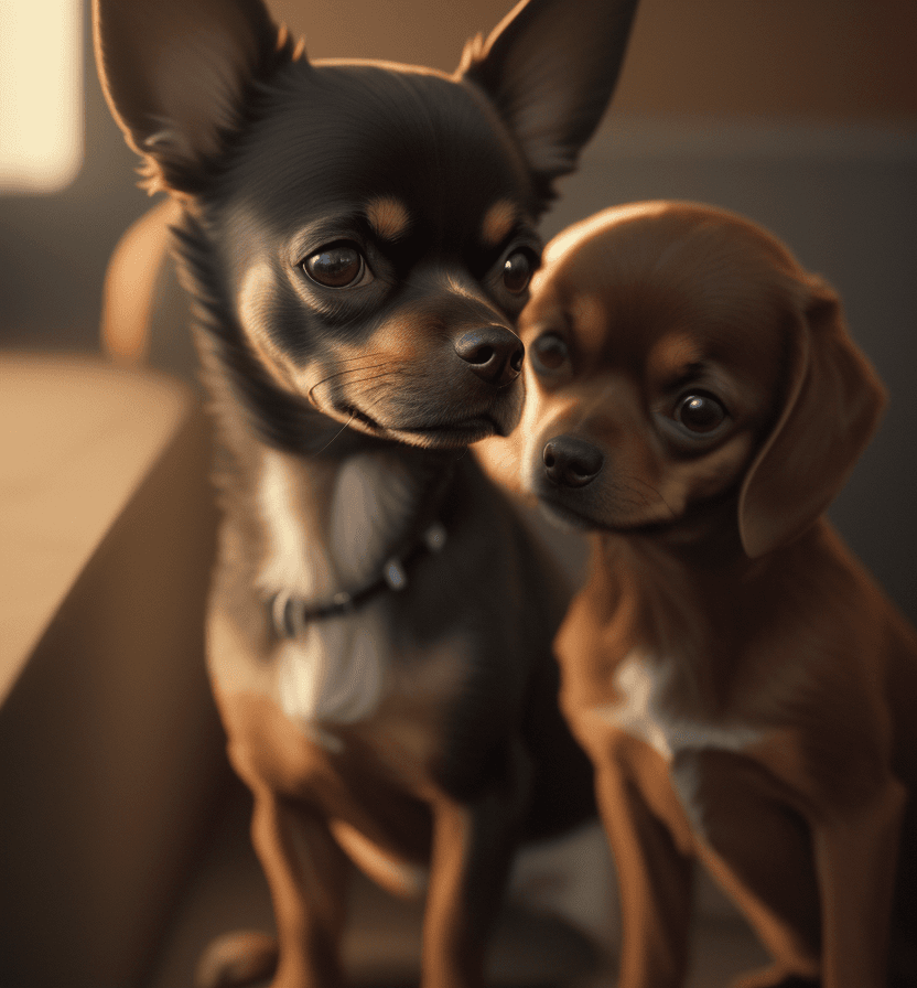 AI generated: hyperrealistic photography, of a sweet, affectionate and adorable dark brown chihuahua dog, summer, ...