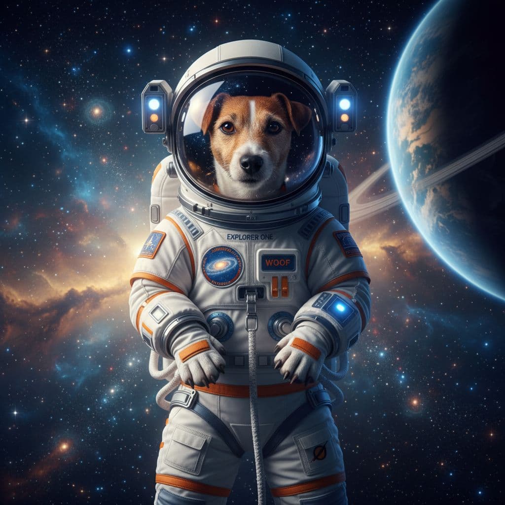 AI generated: Ralistic, ((Masterpiece, best quality)), cute jack russell in astronaut suite space, Ultra-High-Defi...