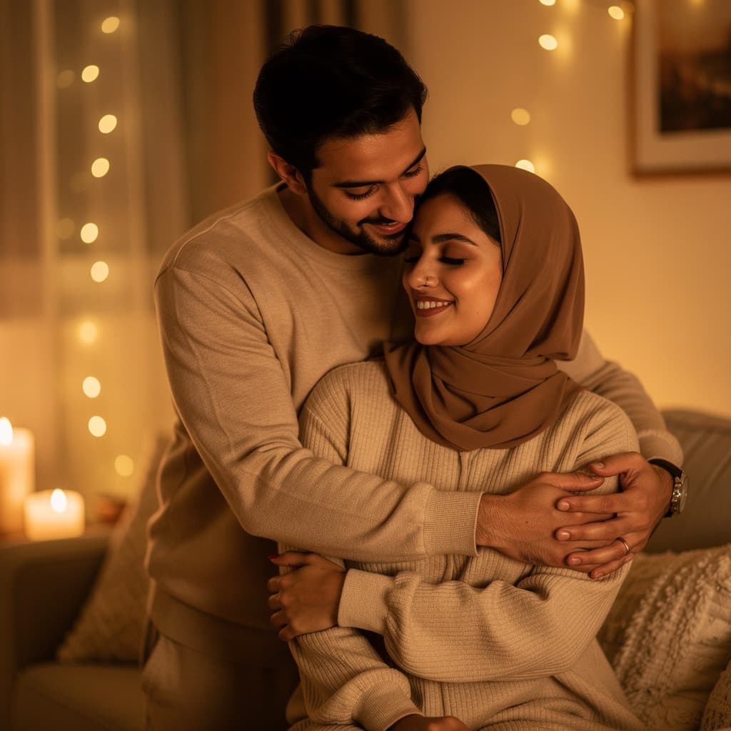 AI generated: A Middle Eastern couple sharing a quiet intimate moment in low warm lighting, husband standing close...