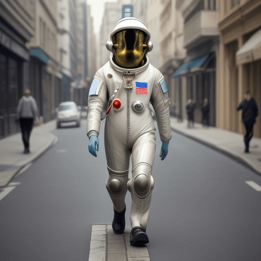 AI generated: fish walking down the street with a hyper-realistic and anthropomorphic astronaut helmet
