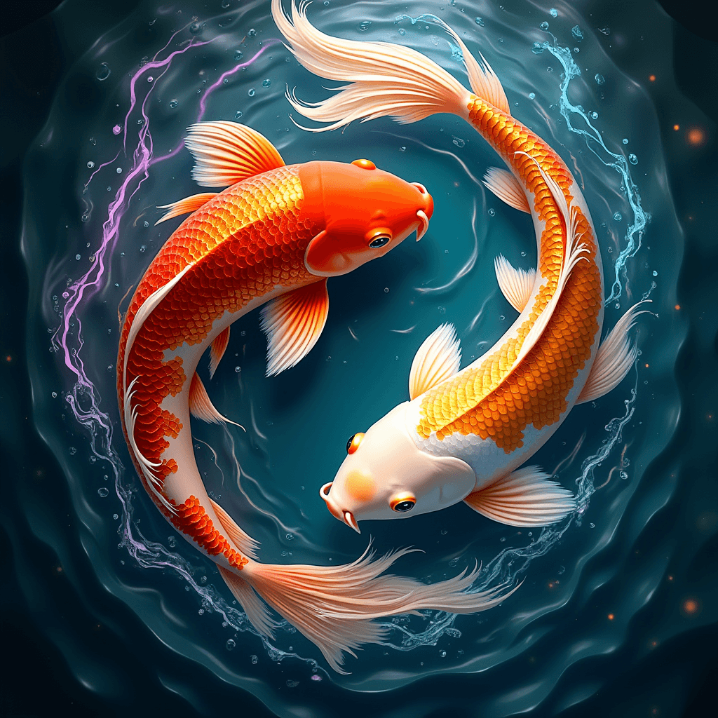 AI generated: Two vibrant koi fish swirling dynamically in a perfect yin-yang formation, their bodies twisting and...